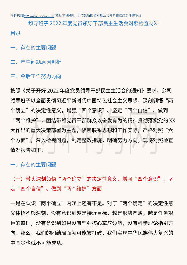 2023年党委党支部领导班子民主生活会对照检查材料