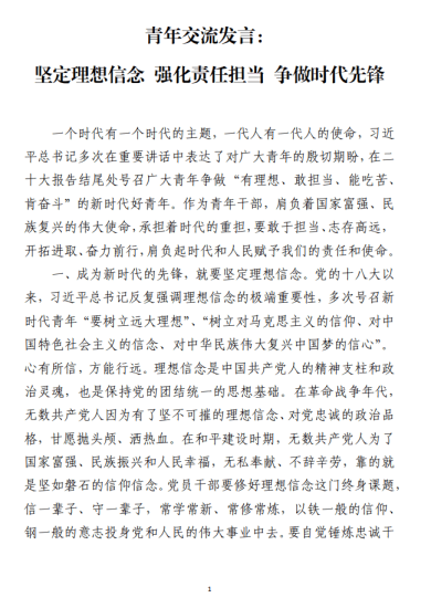 青年交流发言：坚定理想信念 强化责任担当 争做时代先锋_党课ppt_党课课件_党课讲稿_党课材料_纵横材料网