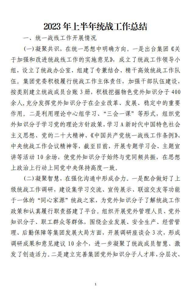 2023年上半年统战工作总结_纵横材料网（材料狗网）