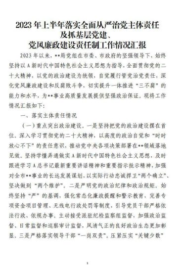 免费|2023年上半年落实全面从严治党主体责任及抓基层党建、党风廉政建设责任制工作情况汇报_党课ppt_党课课件_党课讲稿_党课材料_纵横材料网
