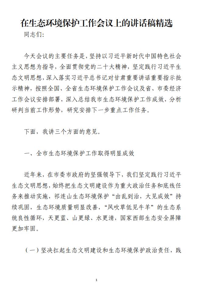在生态环境保护工作会议上的讲话稿范文材料_纵横材料网