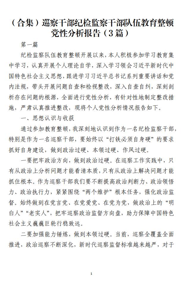 巡察干部纪检监察干部队伍教育整顿党性分析报告范文材料_纵横材料网