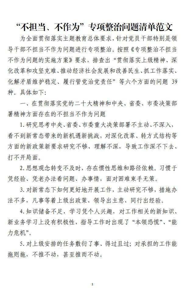 不担当不作为专项整治问题清单范文材料免费下载_纵横材料网