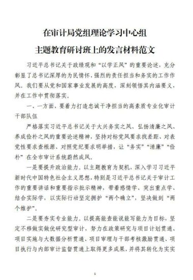 免费|在审计局党组理论学习中心组主题教育研讨班上的发言材料范文_党课ppt_党课课件_党课讲稿_党课材料_纵横材料网