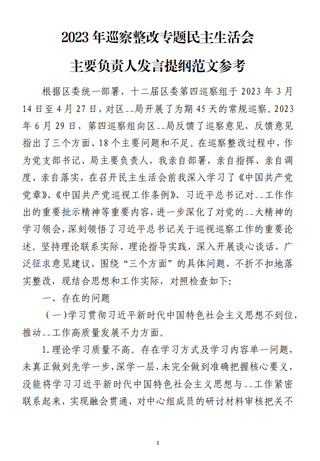 2023年巡察整改专题民主生活会主要负责人发言提纲范文材料_纵横材料网