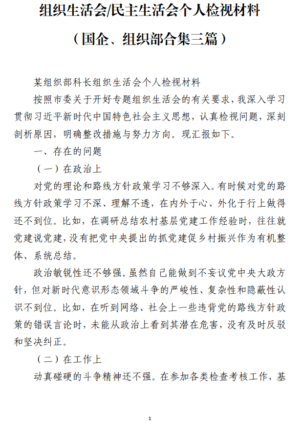 国企组织部2023年党内主题教育组织生活会民主生活会个人检视材料范文参考_纵横材料网
