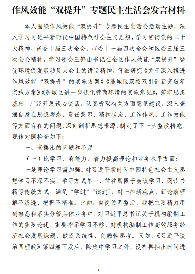 作风效能“双提升”专题民主生活会整改措施对照检查发言材料_纵横材料网