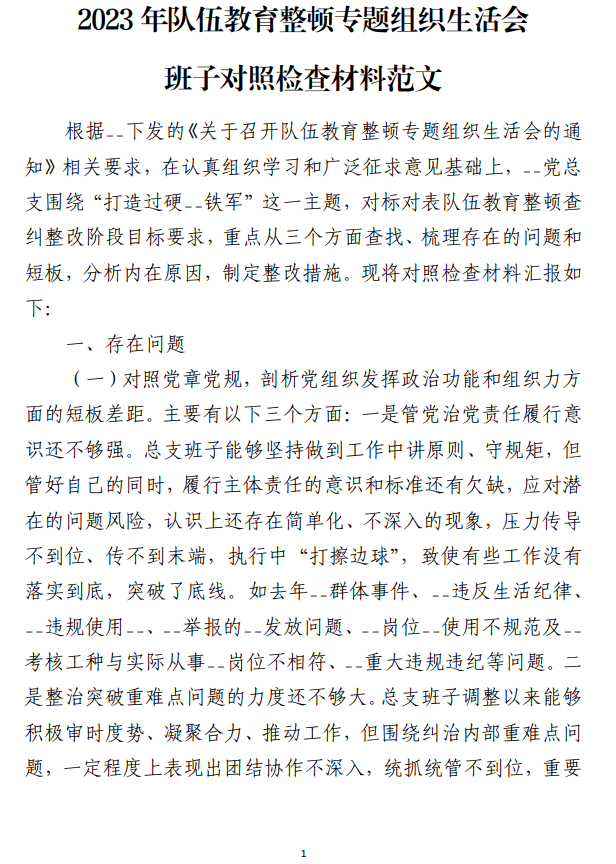 2023年队伍教育整顿专题组织生活会班子对照检查材料范文_纵横材料网