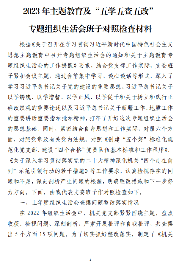 2023年主题教育及“五学五查五改”专题组织生活会班子对照检查材料_纵横材料网