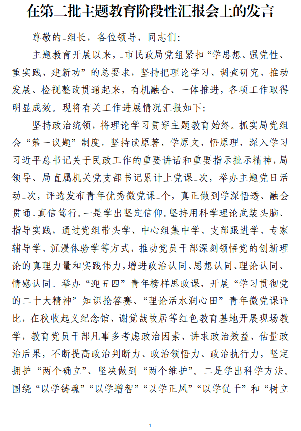 在第二批主题教育阶段性汇报会上的发言_纵横材料网