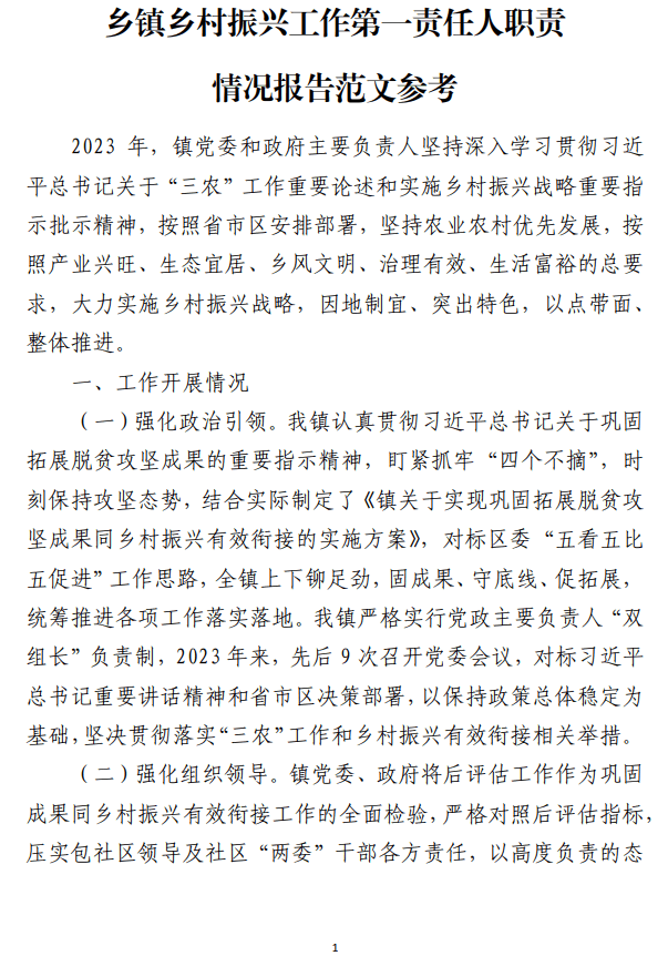 乡村振兴工作第一责任人职责情况报告范文参考_纵横材料网