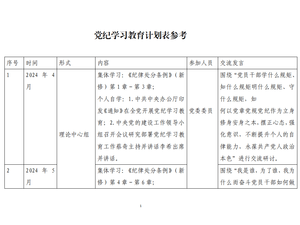 2024党纪学习教育计划表参考范文_纵横材料网