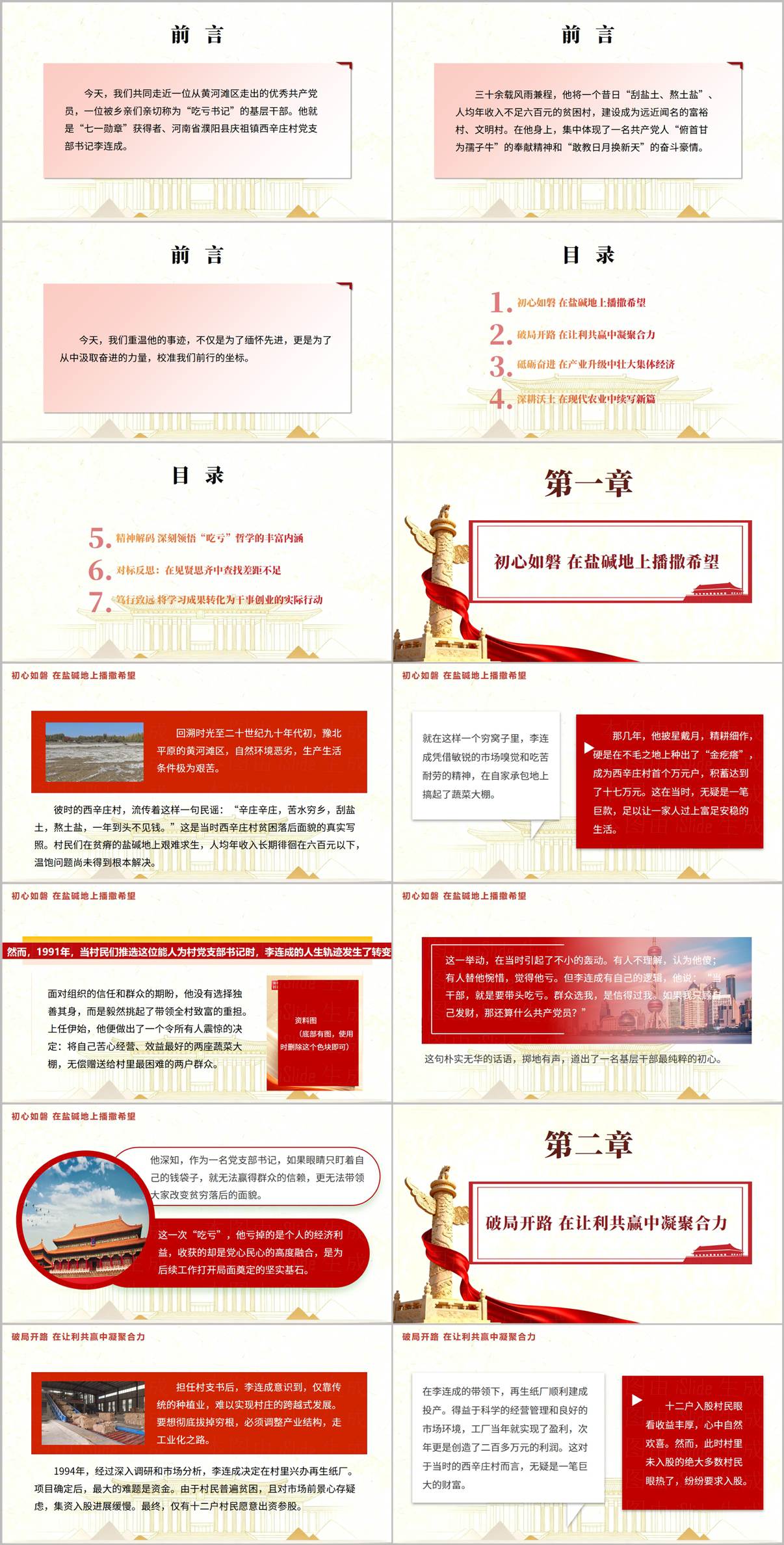 李连成先进事迹PPT目录页：吃亏是福润初心，实干兴村铸丰碑课件框架