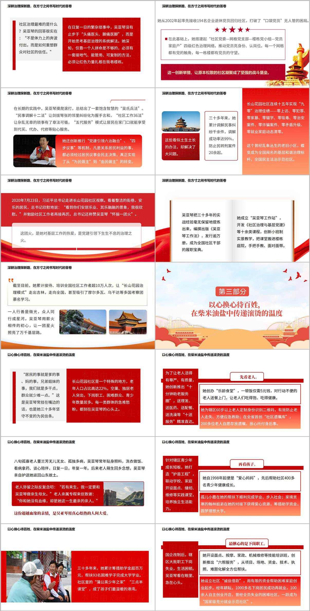 PPT内容页预览：深耕治理探新路与以心换心待百姓，展示六治融合及社区便民服务
