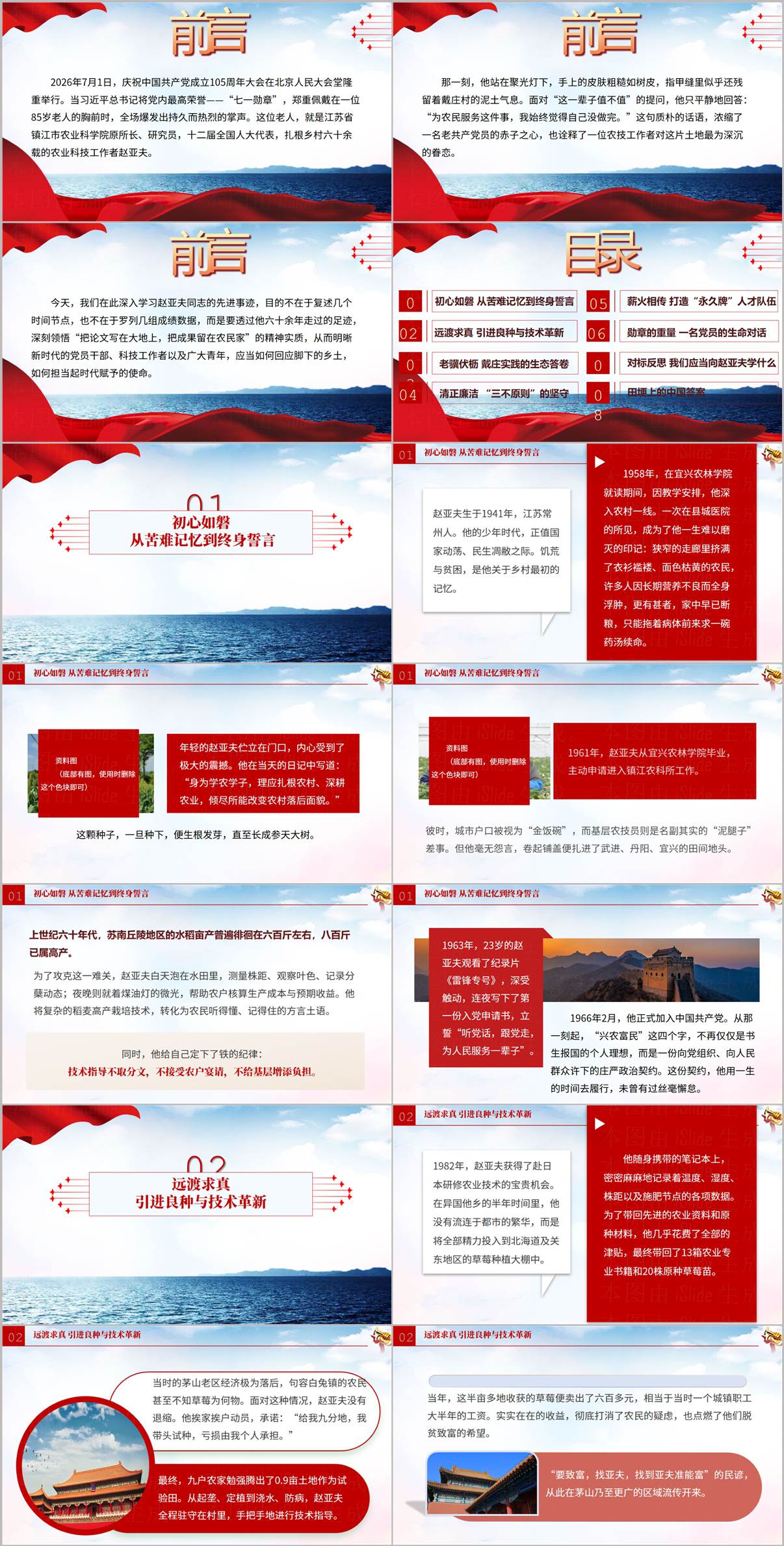 赵亚夫先进事迹党课PPT目录页,展示课件八大章节大纲结构,含初心如磐、远渡求真、老骥伏枥等模块