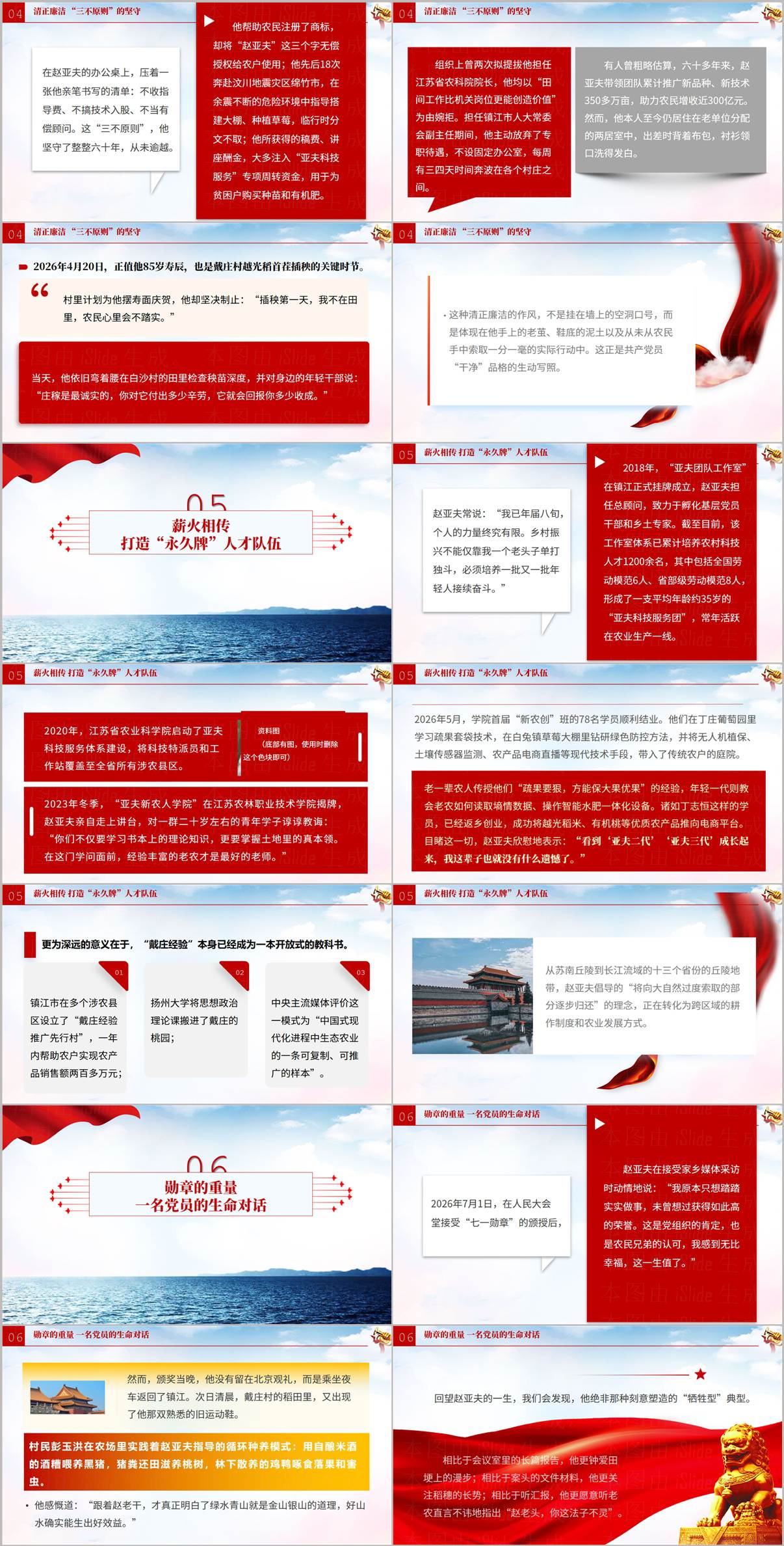 赵亚夫戴庄实践与有机农业经验展示页,呈现村社协同模式和三不原则廉洁品格