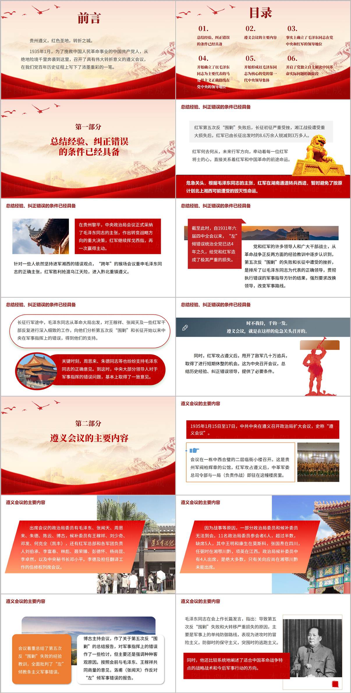 遵义会议PPT目录页预览:长征团课思政课件六大章节大纲截图
